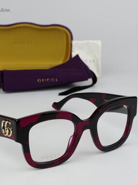 Gucci Women Eyeglasses Fuchsia Havana Demo Square GG1423O 001 NEW AUTHENTIC